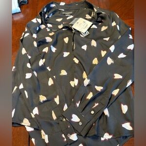 Liz Claiborne Black Blouse with Cream & Pink Heart Print